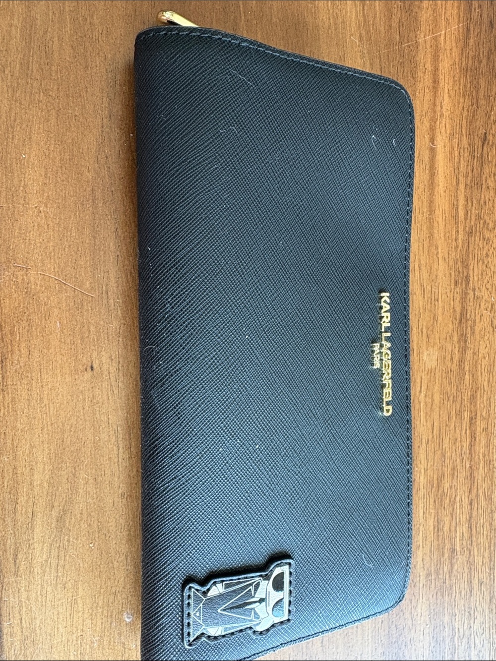 Karl Lagerfeld Black Zip-Around Saffiano Wallet with Logo Patch